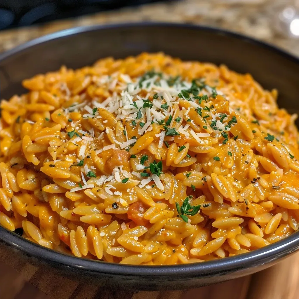 Imagen lateral de Pumpkin Orzo con ingredientes visibles.
