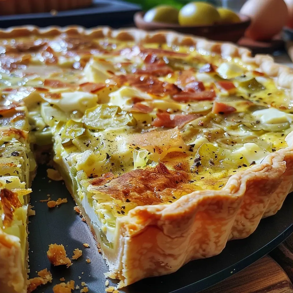 Quiche ligera de calabacín y queso de cabra presentada en un plato.