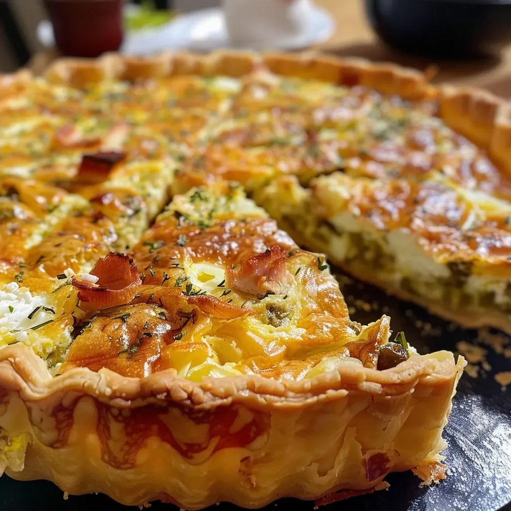 Vista lateral de una quiche de calabacín con quesos, sin nata.