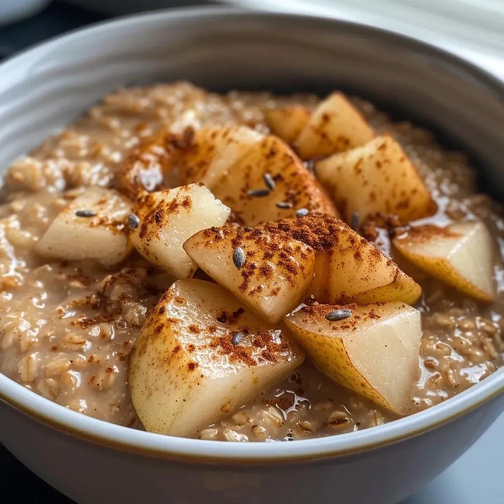 Primer plano de una receta de avena con peras.