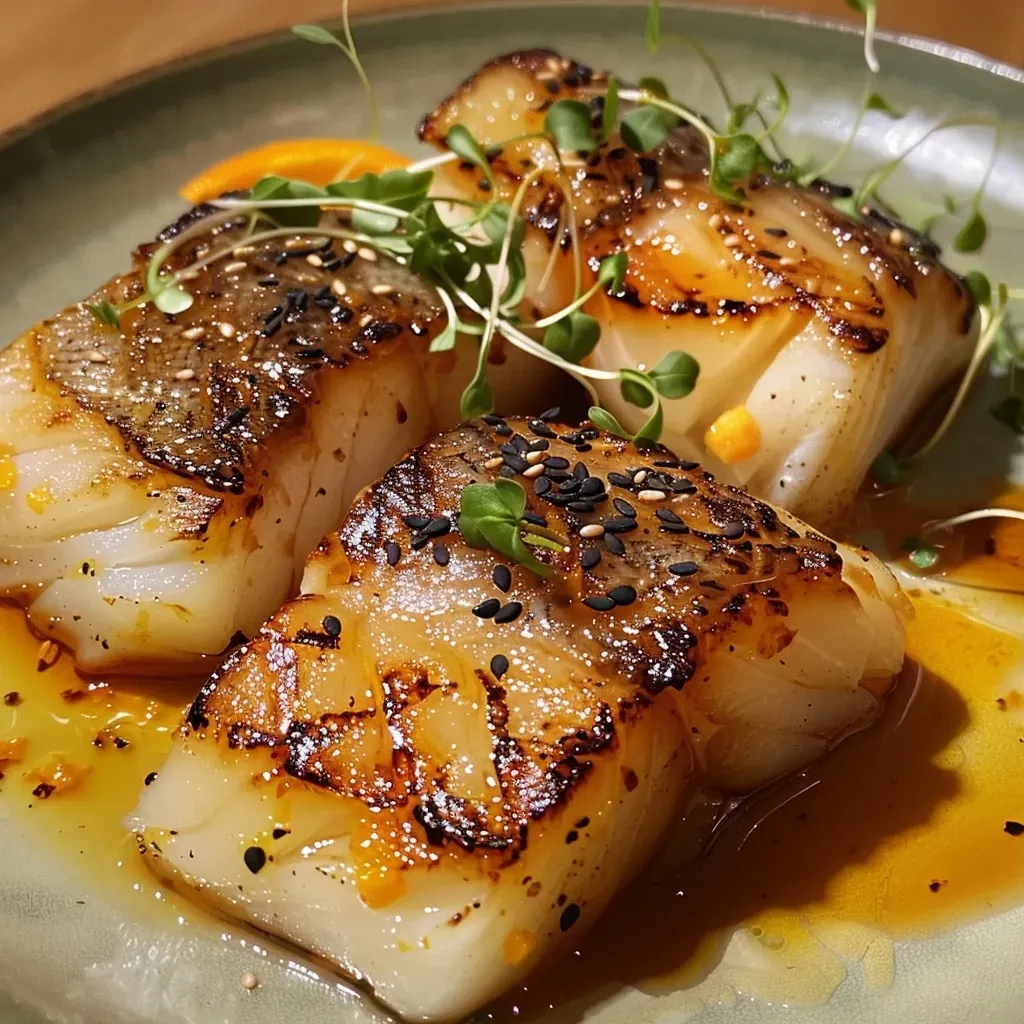 Porción de bacalao glaseado con miso yuzu acompañado de calabaza kabocha.