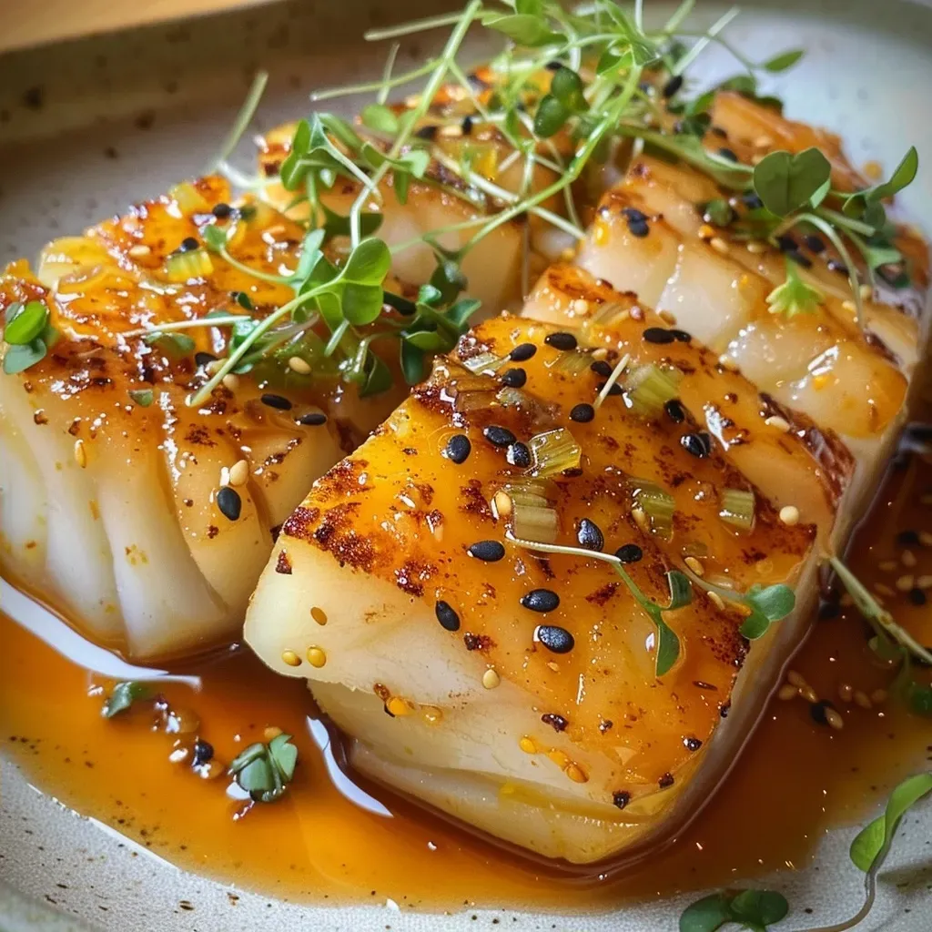 Bacalao jugoso con glaseado de miso yuzu, presentado con calabaza asada.