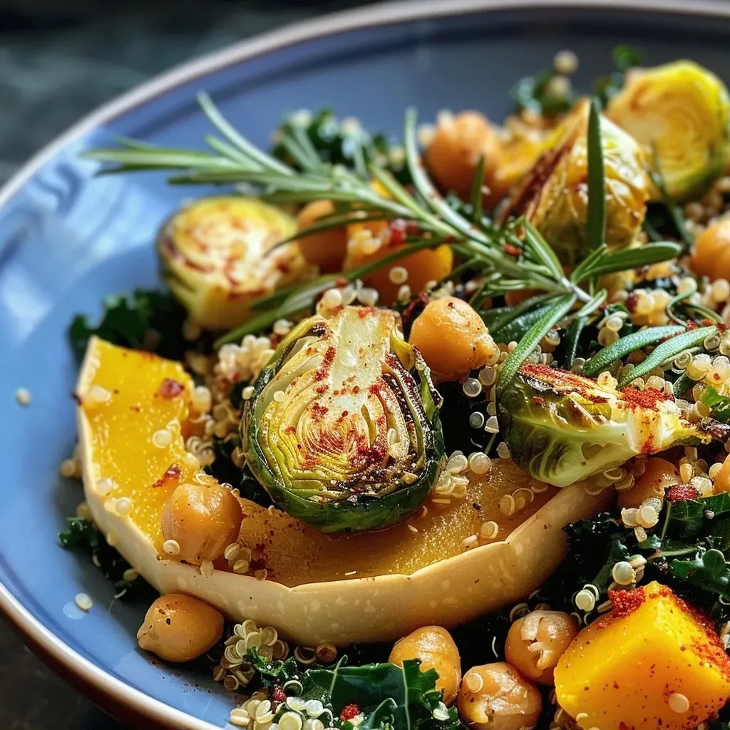 Tazón de quinoa con calabaza delicata y col rizada.