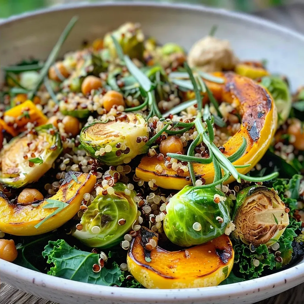 Ensalada de quinoa otoñal con coles de Bruselas y garbanzos.