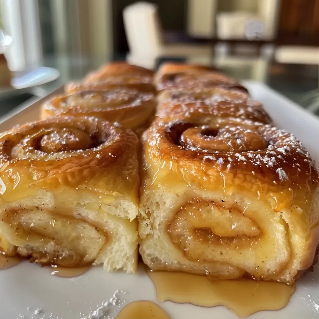 Rollos de canela caseros jugosos en primer plano.