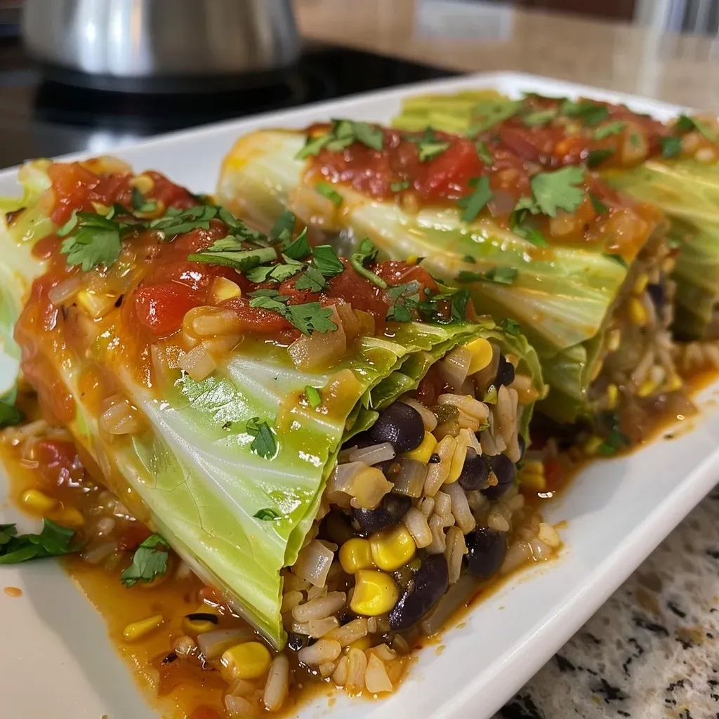 Rollos de repollo vegetarianos rellenos de arroz y frijoles.