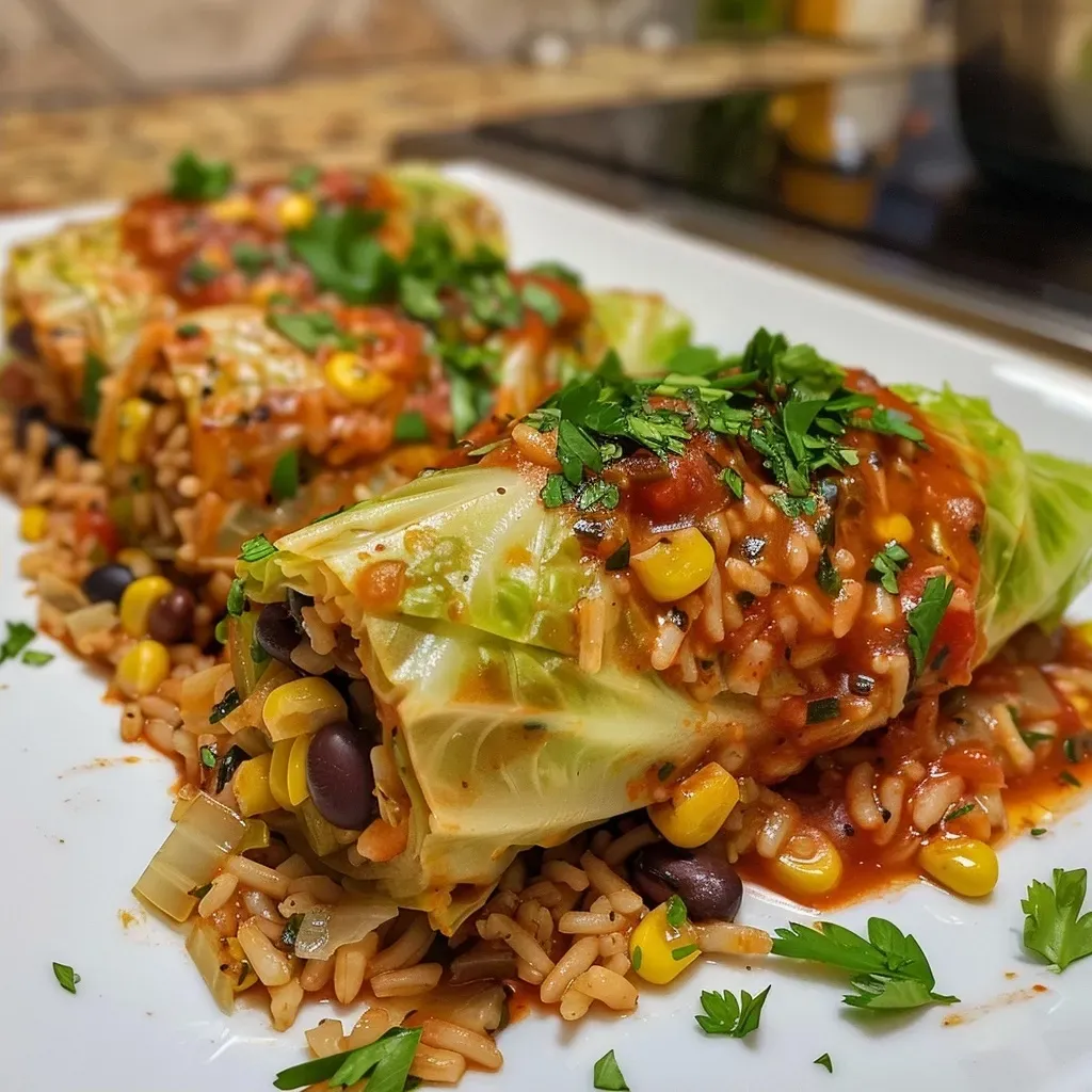 Close up de rollos de repollo rellenos con ingredientes frescos.