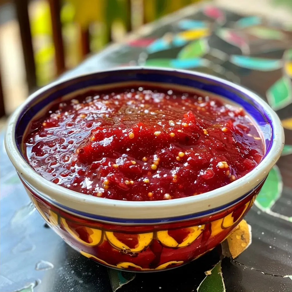 Primer plano de salsa de arándanos sobre fondo blanco.