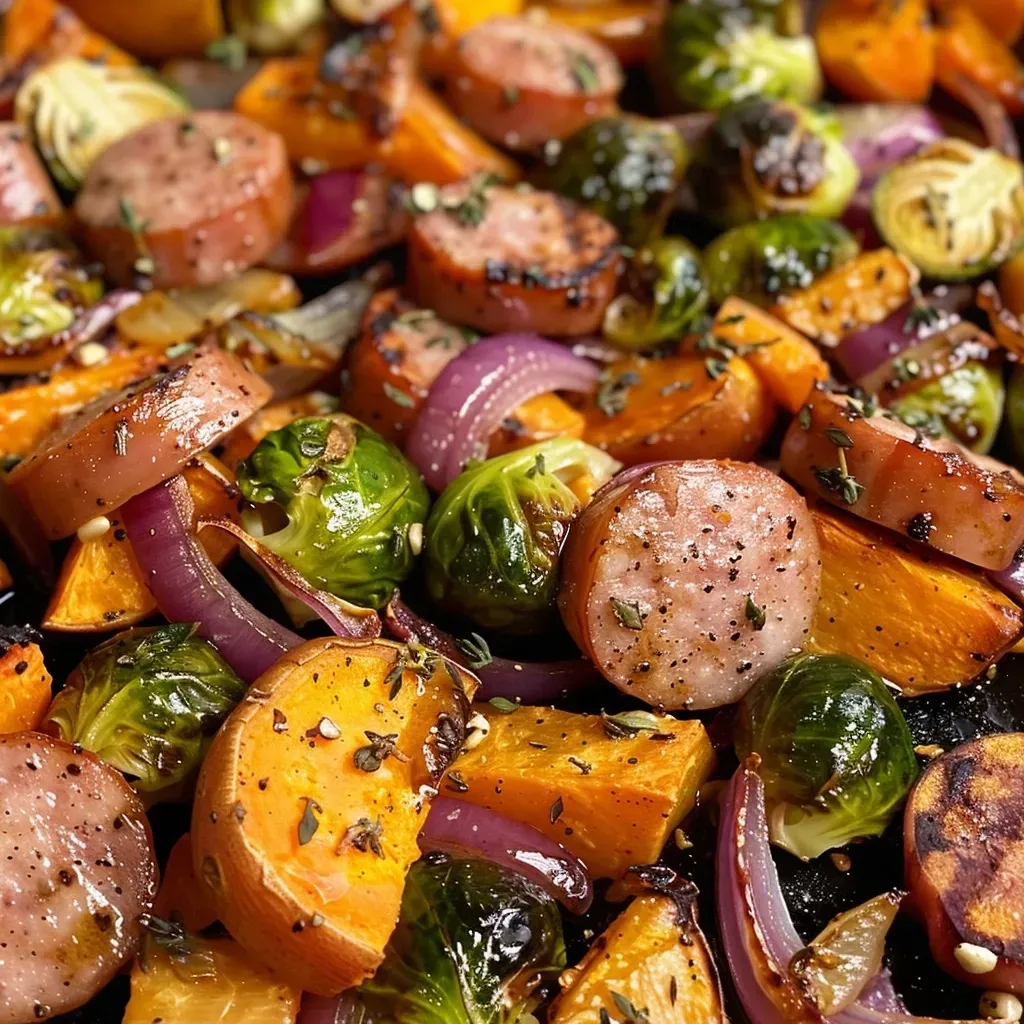 Platos de salchichas y verduras al horno con salsa de mostaza y jarabe de arce.
