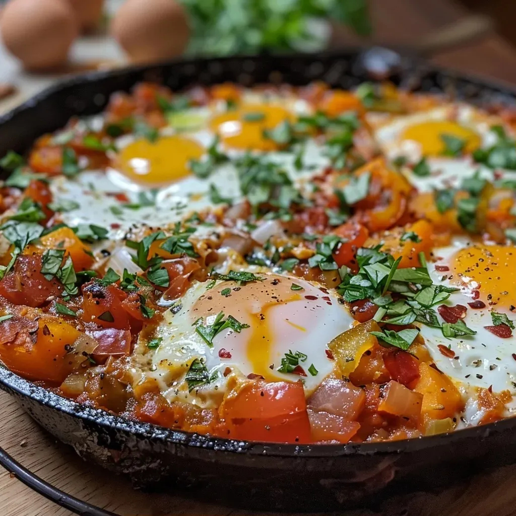 Shakshuka de calabaza con huevos horneados en salsa de tomate.