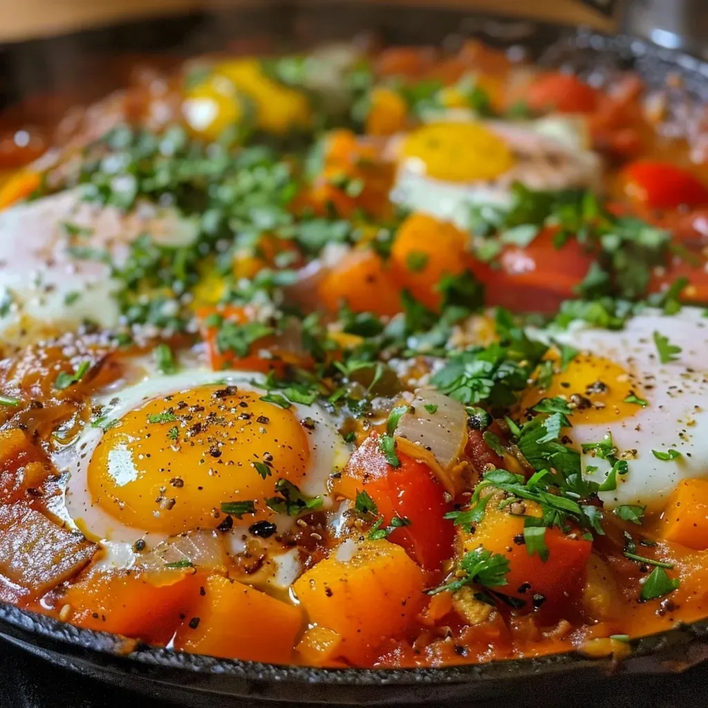 Plato de shakshuka con calabaza, huevos y pimientos.