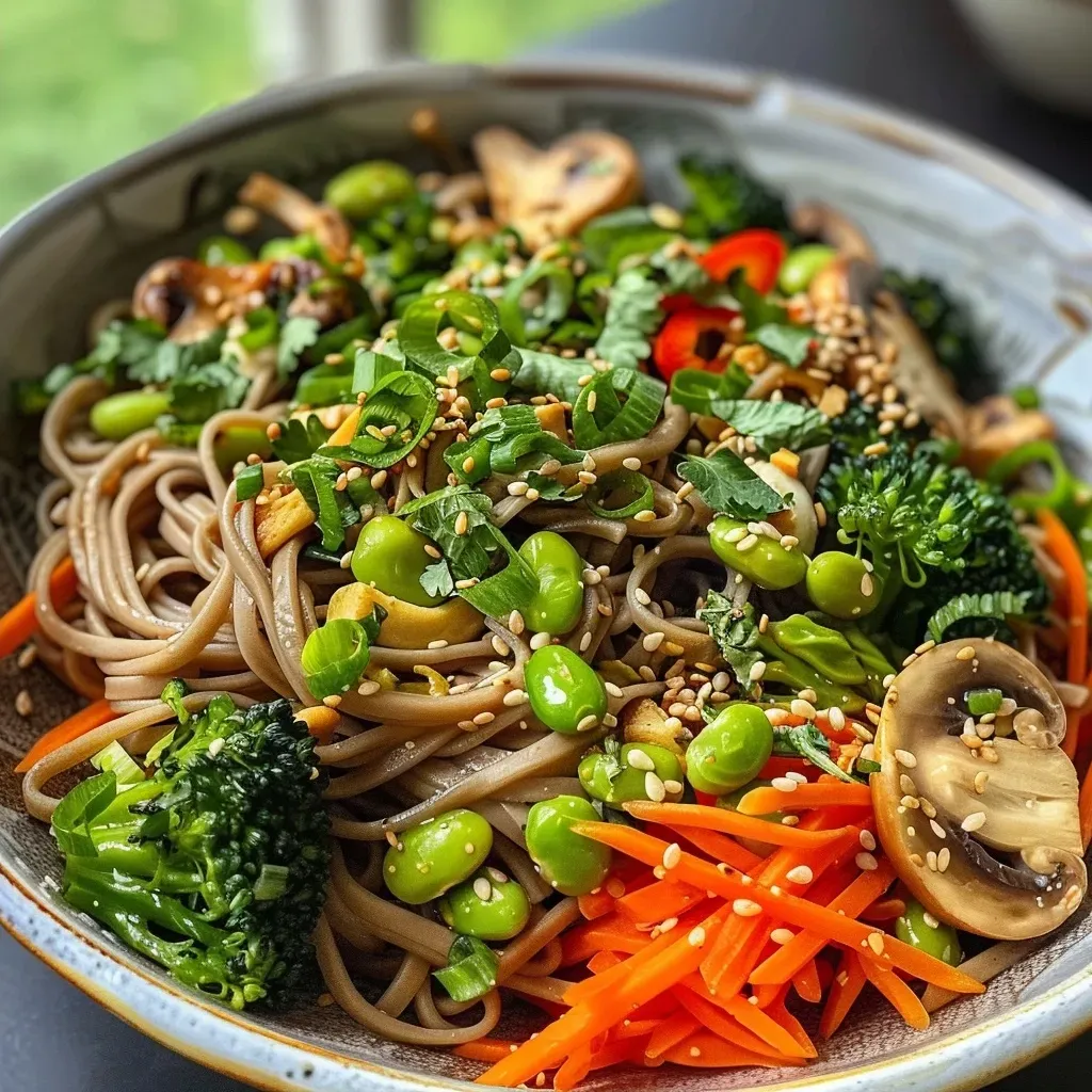 Close up de un salteado de fideos soba con broccolini y champiñones.