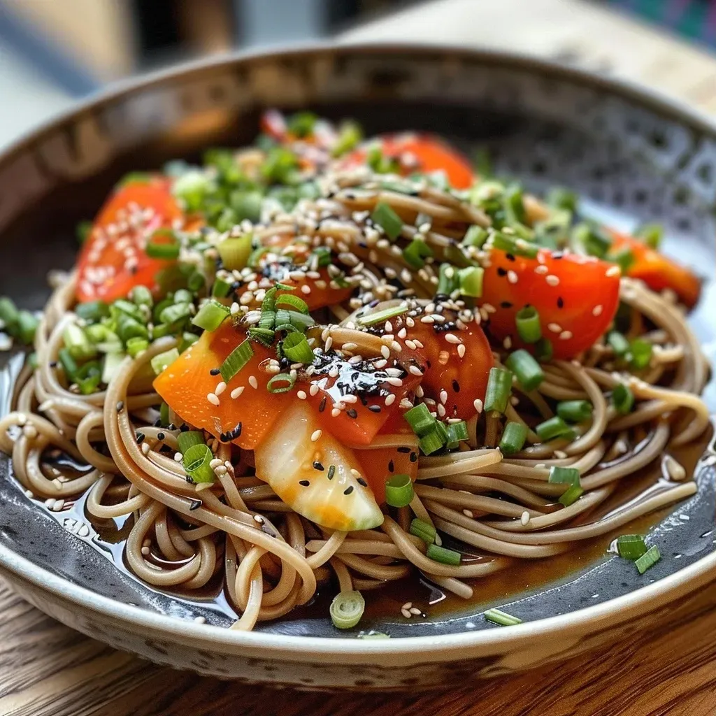 Platos de Soba Nudeln con verduras coloridas al lado.