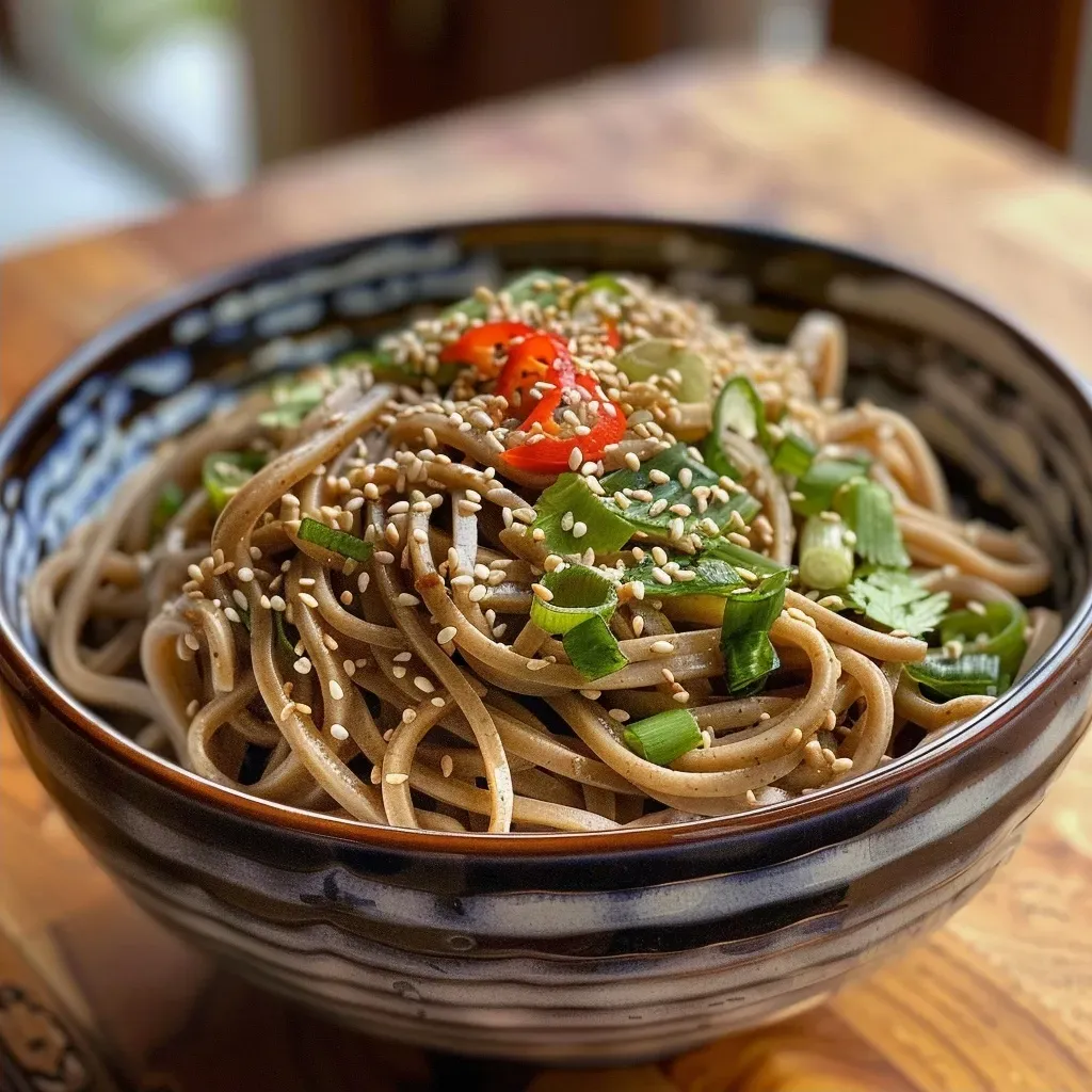 Tazón con Soba Nudeln y variadas verduras frescas.