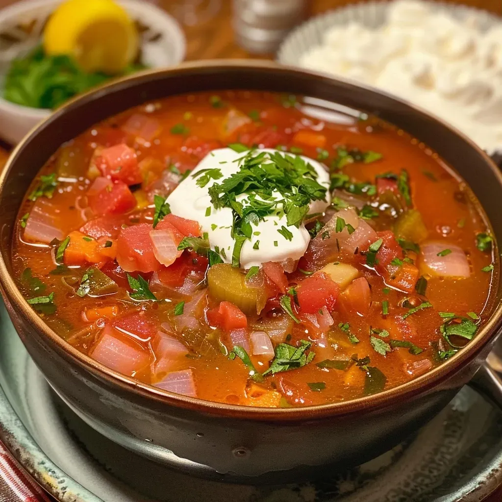 Sopa Borsch colorida en un tazón, mostrando remolacha y verduras.