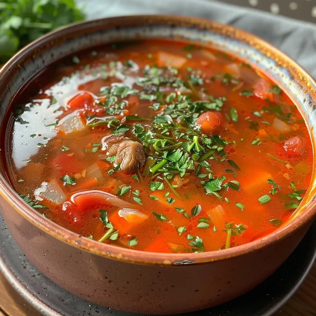 Primer plano de Sopa Borsch servida con carne y guarniciones.