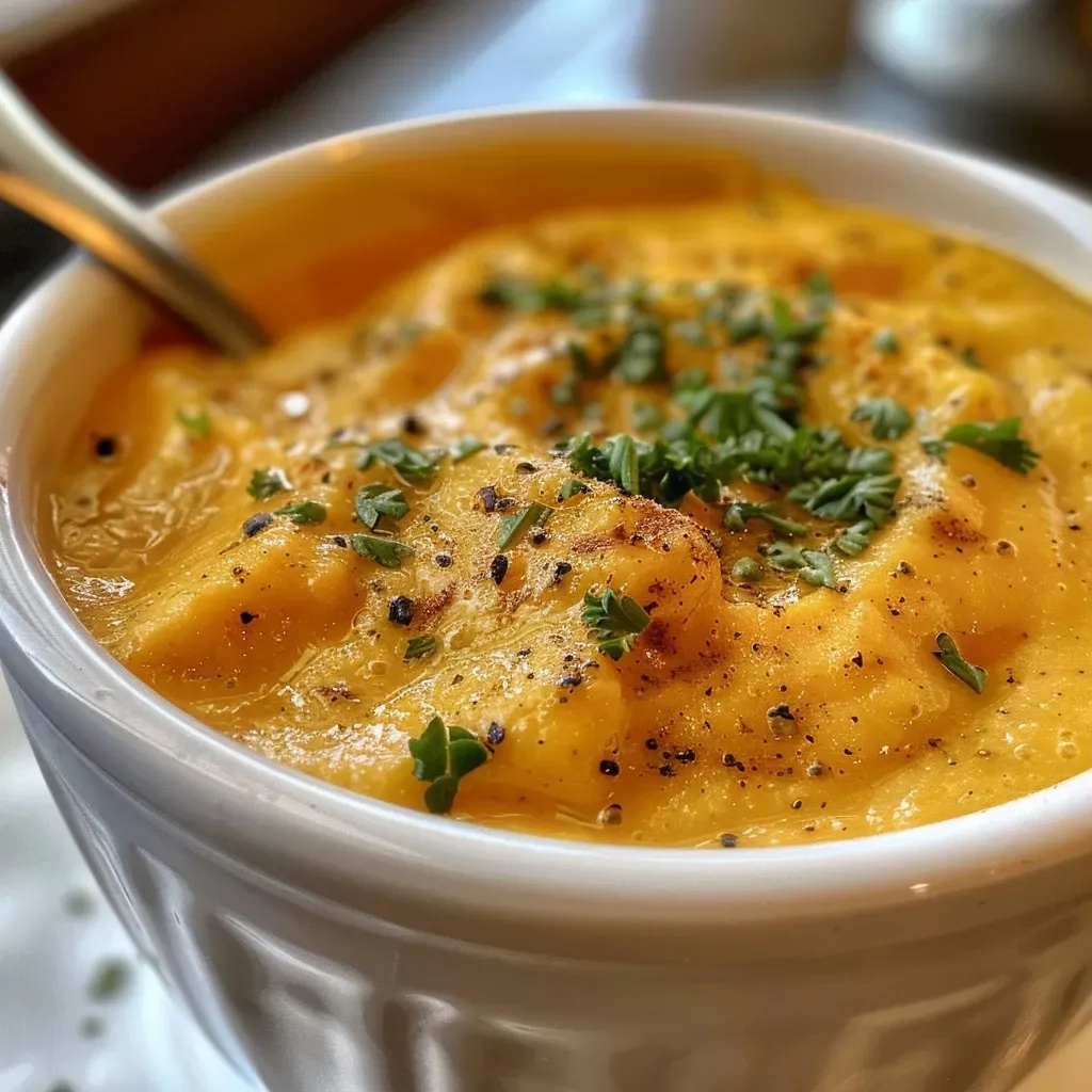 Sopa cremosa de calabaza servida en un bol, con textura suave y color vibrante.