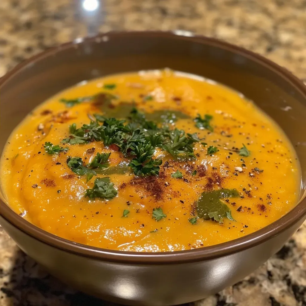 Primer plano de sopa de calabaza keto en un recipiente, con ingredientes visibles alrededor.