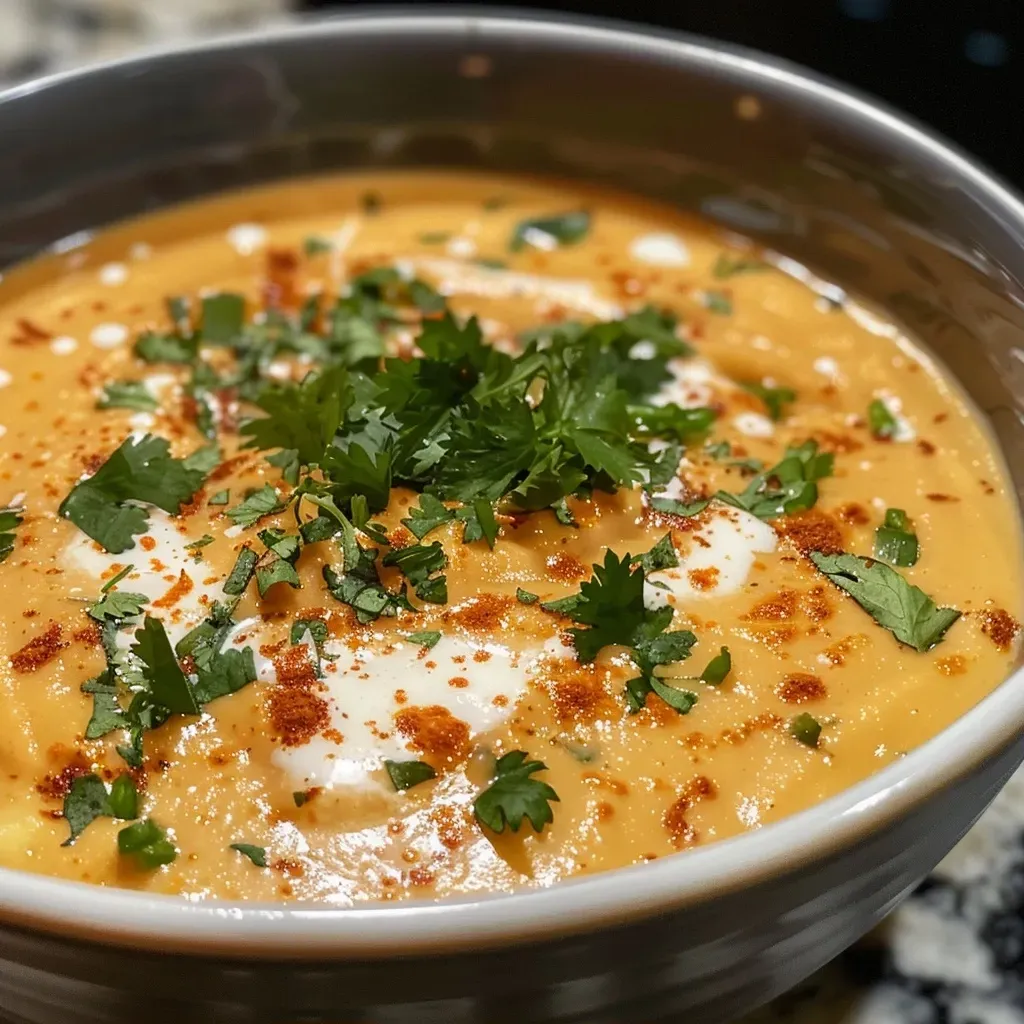 Sopa de batata cremosa con leche de coco en un tazón.