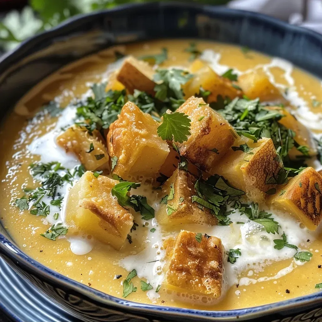 Primer plano de sopa de batata y leche de coco.
