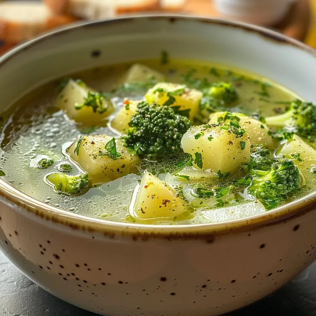 Tazón de sopa de brócoli con un fondo de mesa de madera.