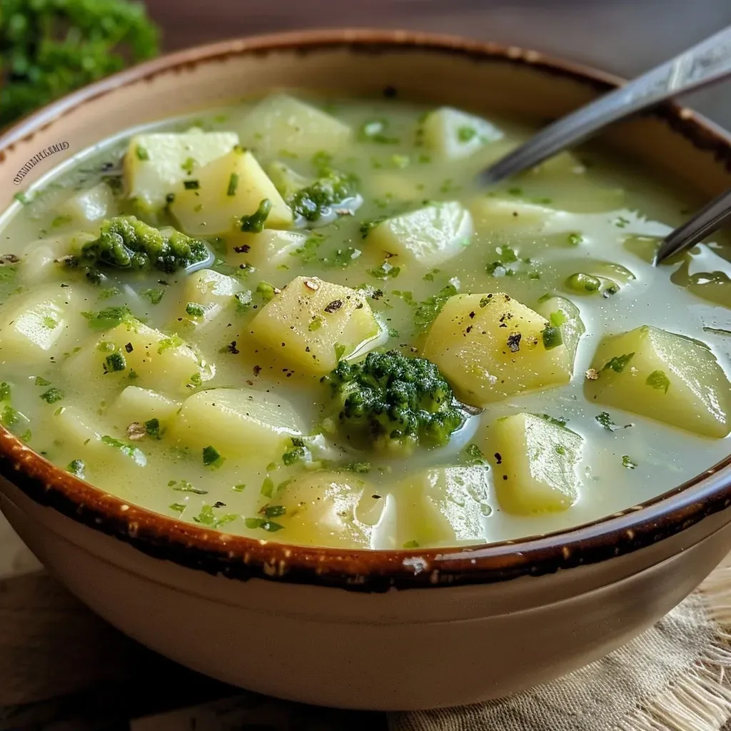 Close up de sopa de brócoli con trozos de vegetales y decoraciones verdes.