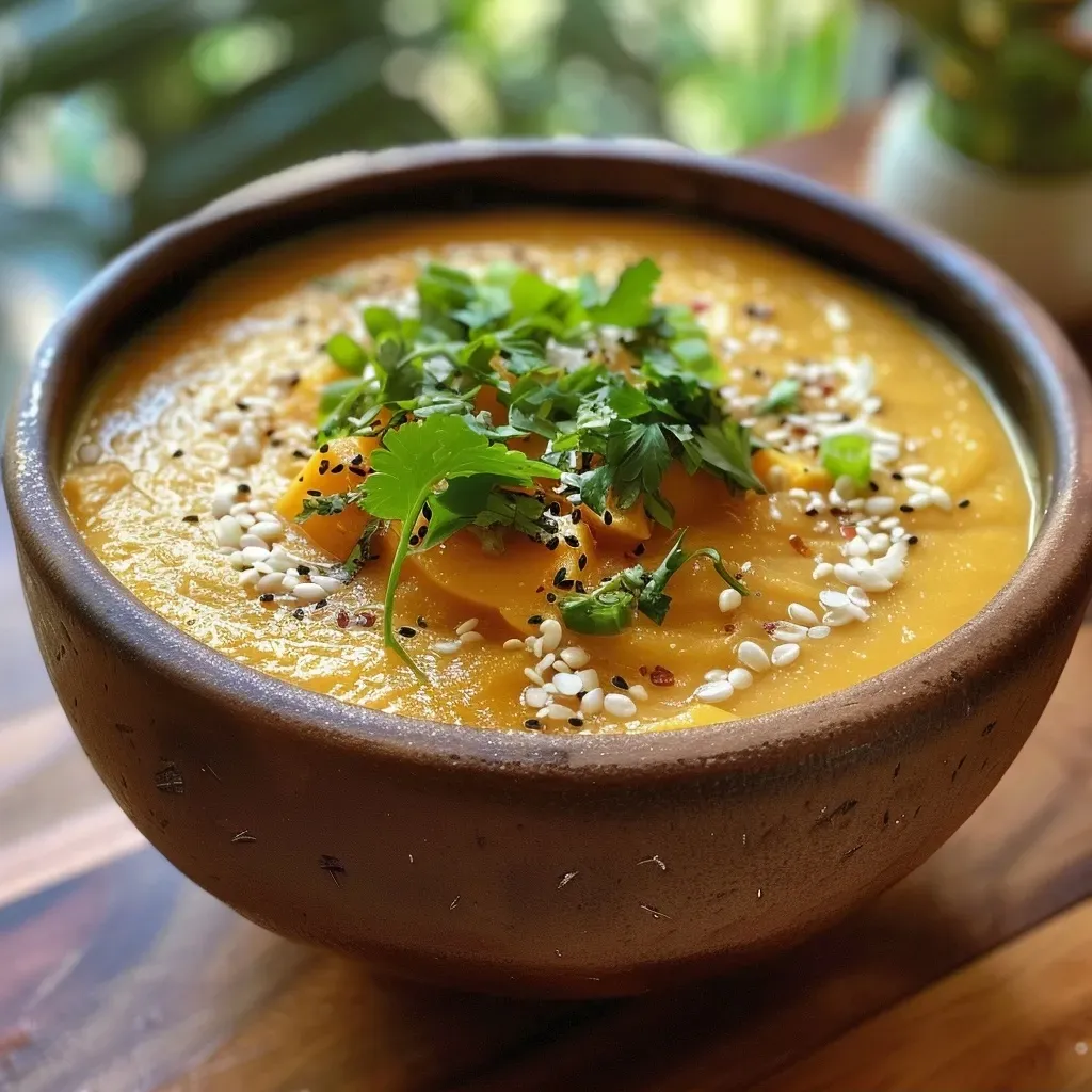 Primer plano de una sopa de boniato y jengibre.