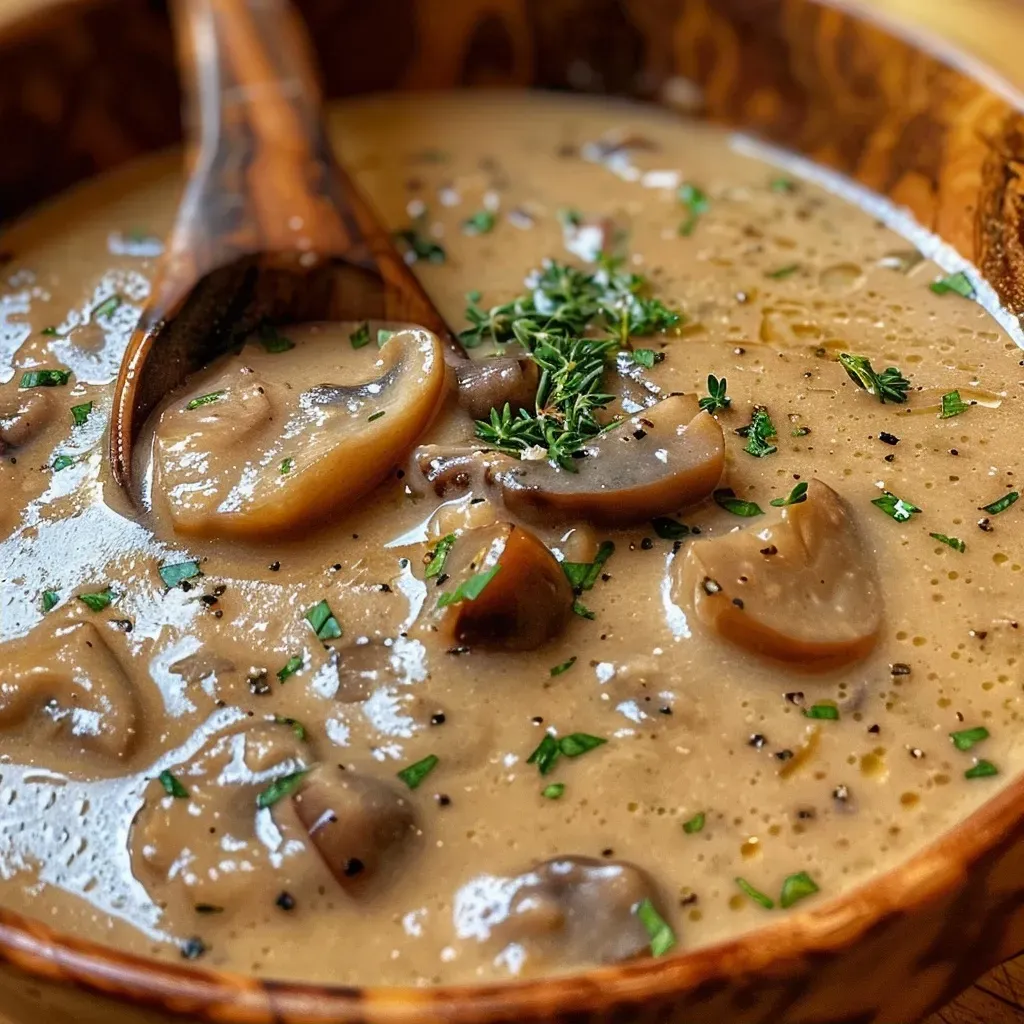 Tazón de sopa cremosa de castañas con hierbas.