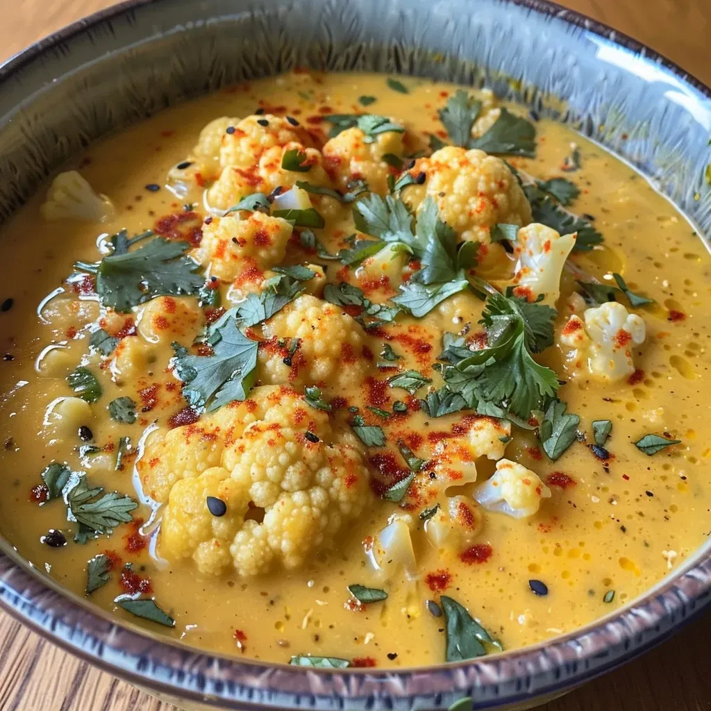 Sopa de coliflor al curry en un tazón, con cilantro fresco decorando.