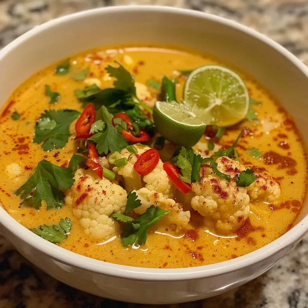 Primer plano de una sopa cremosa de coliflor al curry en un plato.