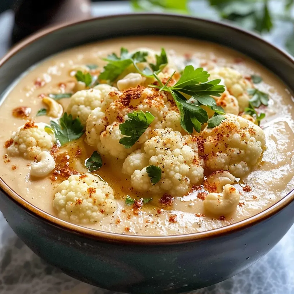 Sopa de coliflor asada en un tazón, con trozos de ajo y un aspecto cremoso.