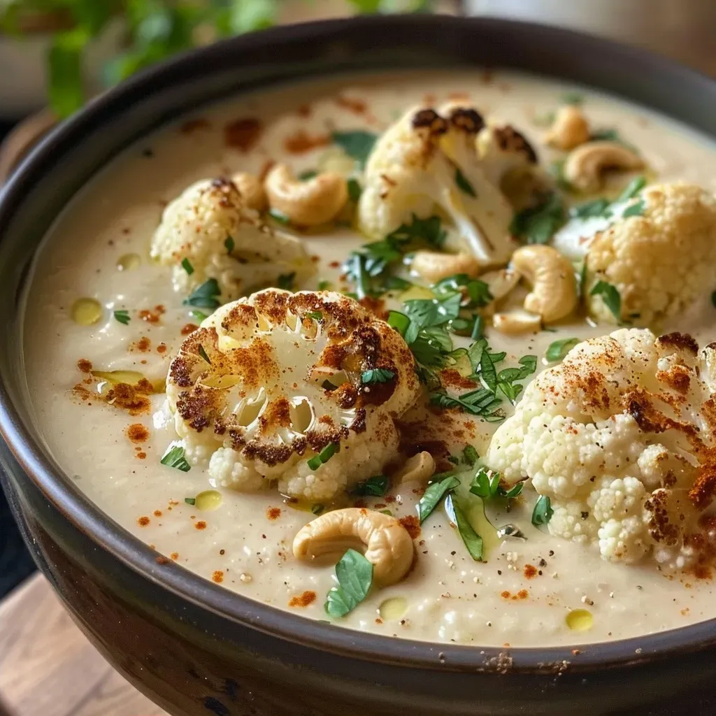 Primer plano de una sopa de coliflor asada, con textura suave y decoración de hierbas.