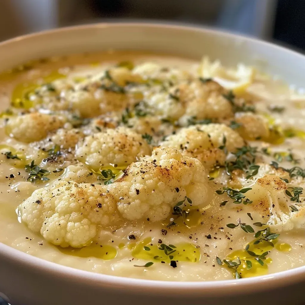 Sopa cremosa de coliflor servida en un tazón.