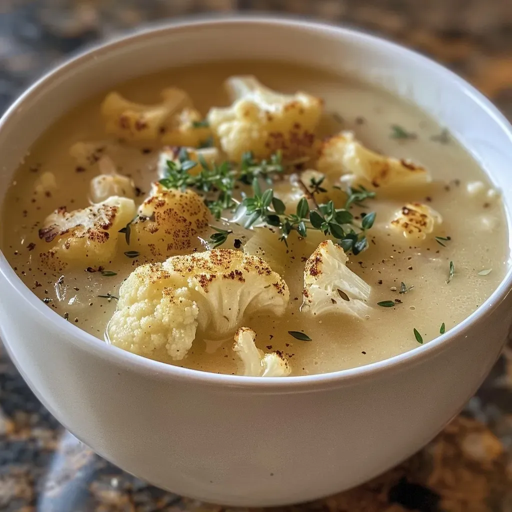 Primer plano de una sopa de coliflor cremosa con aceite de oliva.