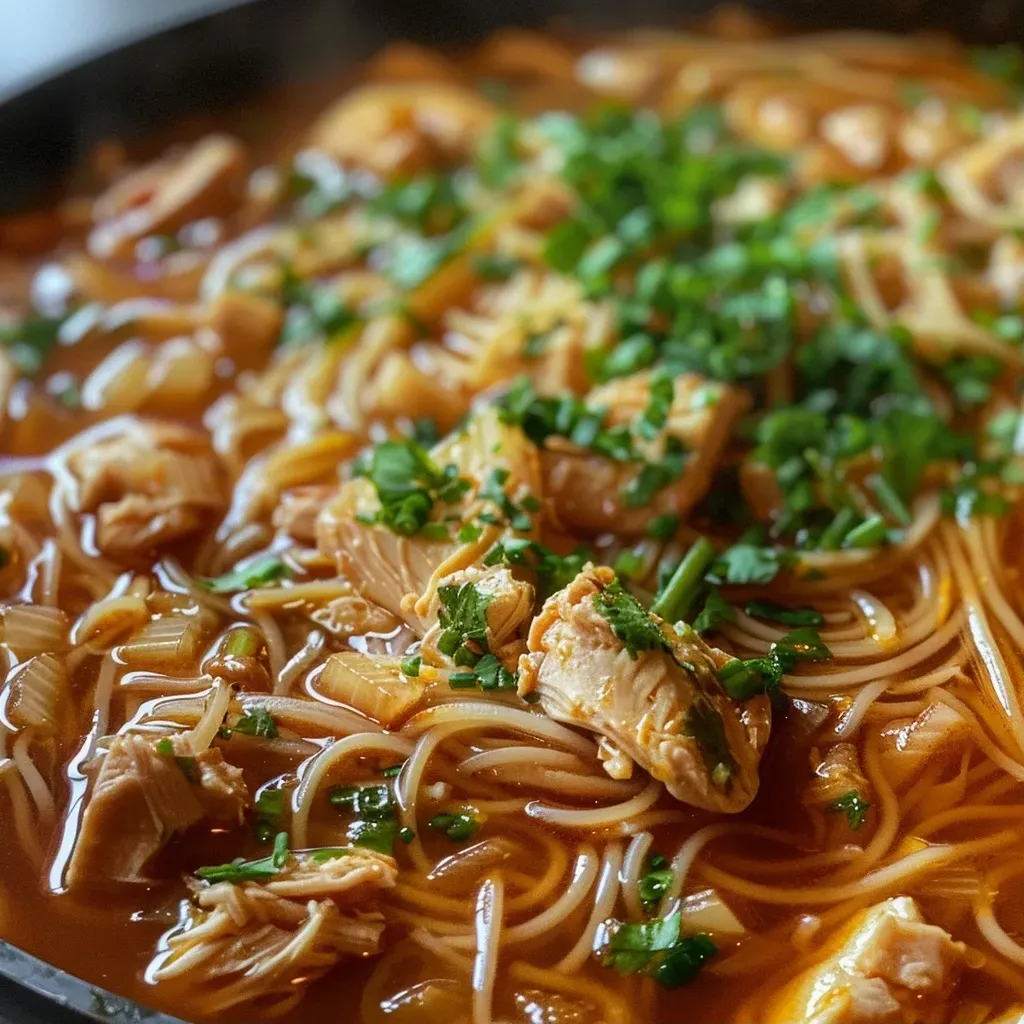 Primer plano de una sopa de fideos humeante en un cuenco.