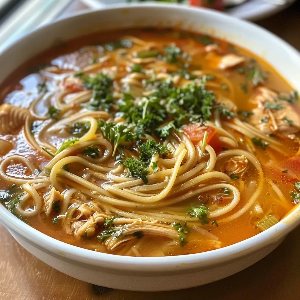 Sopa de fideos con pollo y verduras, visible en un tazón.
