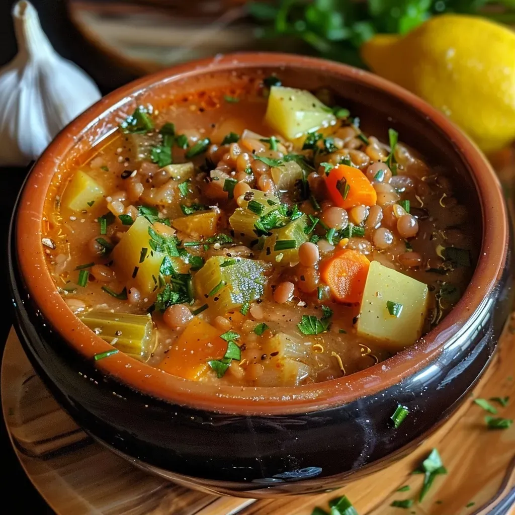 Sopa de lentejas con limón en primer plano.