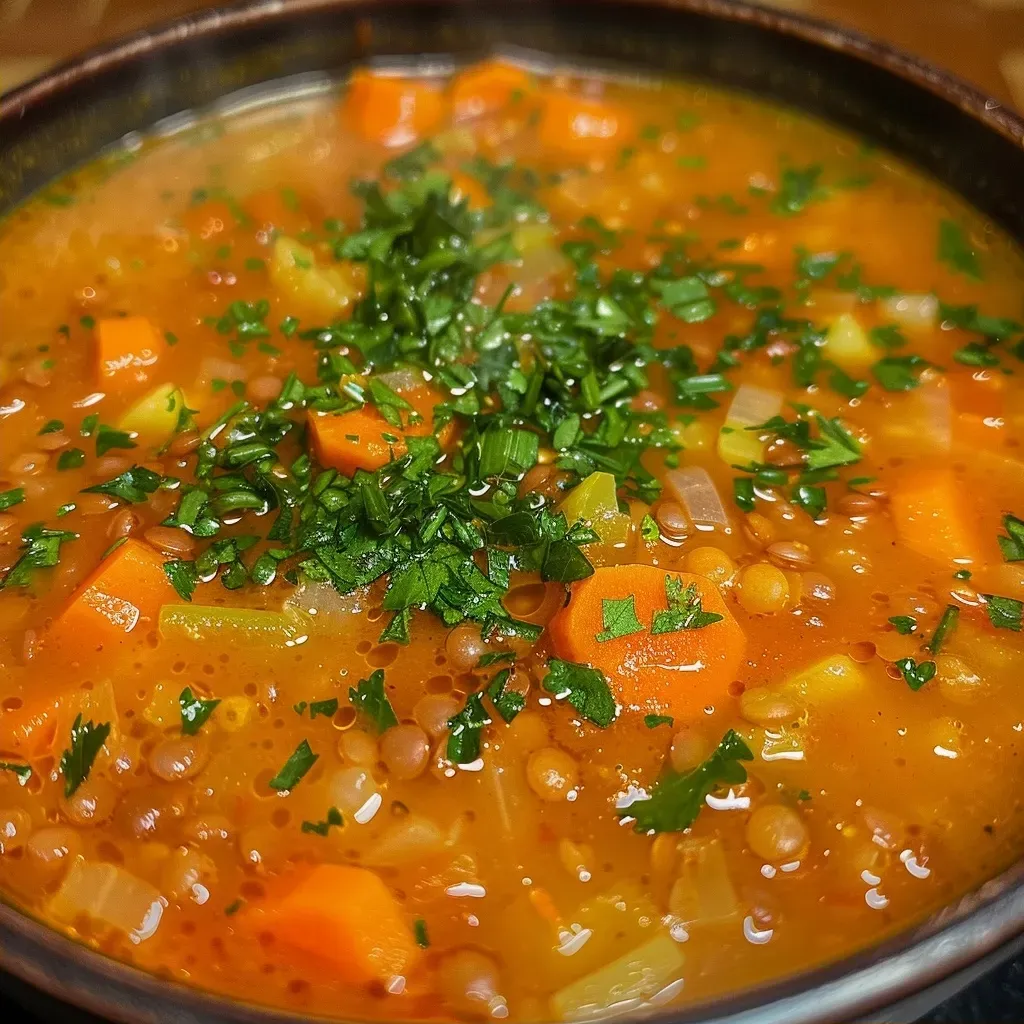 Vista lateral de una sopa de lentejas con limón en un plato.