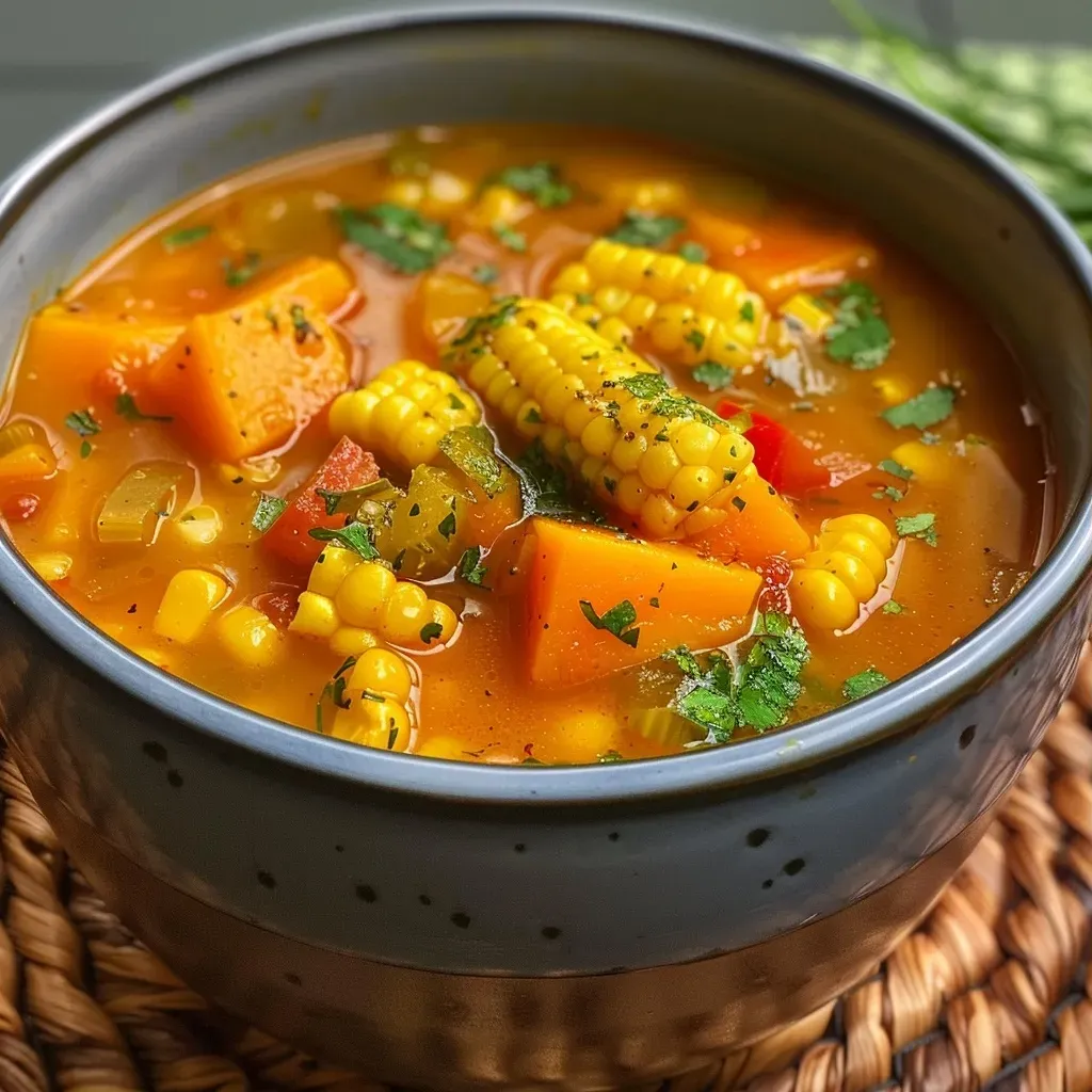 Sopa de maíz y batata en un tazón, vista lateral.