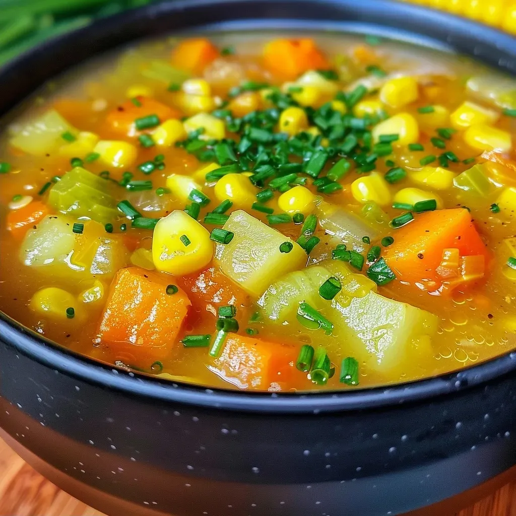 Close-up de una sopa cremosa de maíz y batata.