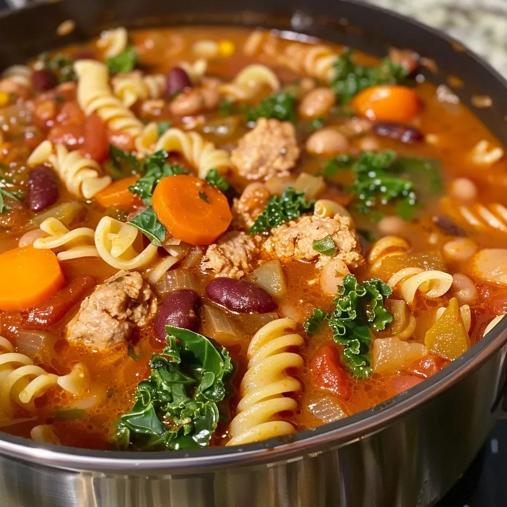 Sopa minestrone de pavo y col rizada en olla de cocción lenta.