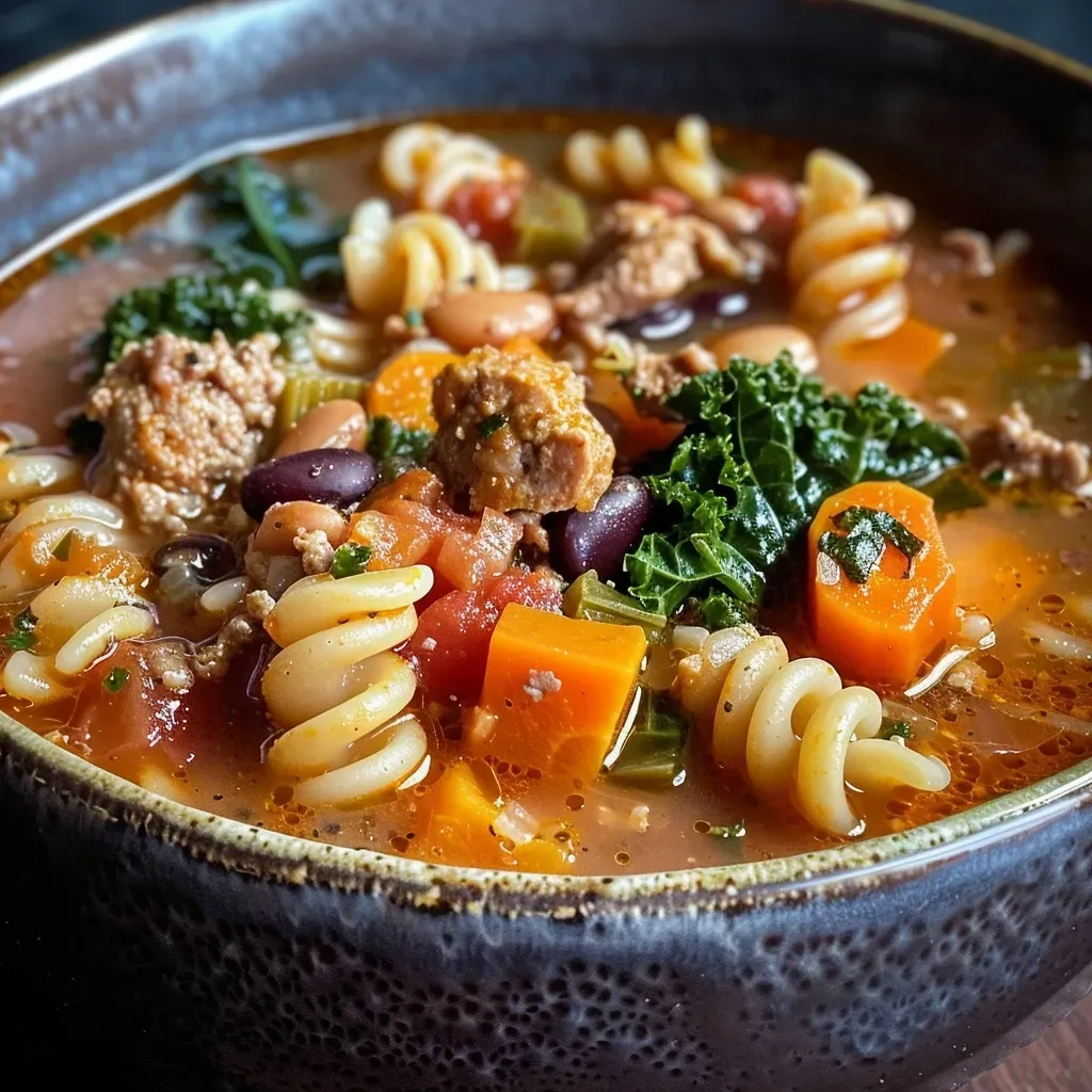 Close-up de sopa de minestrone con ingredientes frescos.