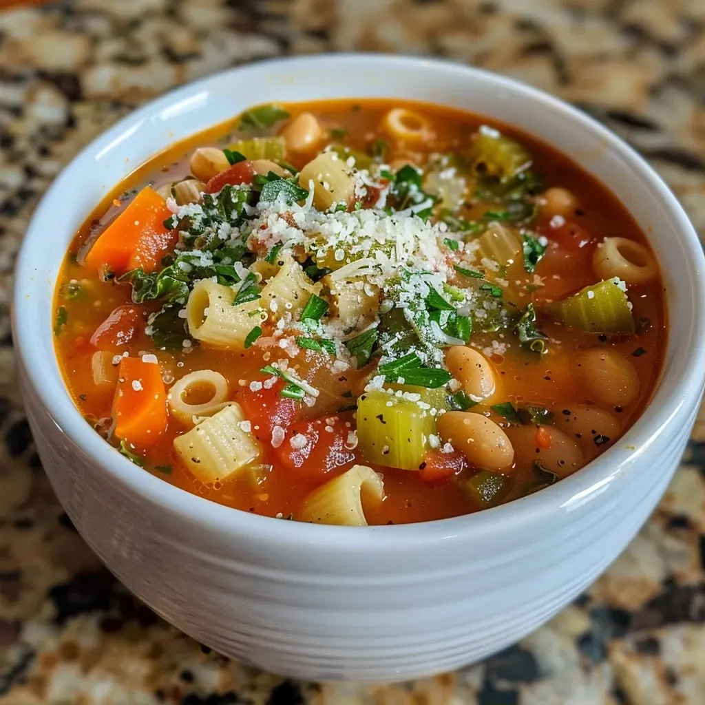 Sopa minestrone saludable con kale y quinoa en un tazón.