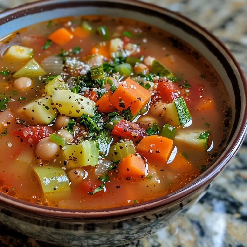 Primer plano de sopa minestrone con verduras frescas y quinoa.