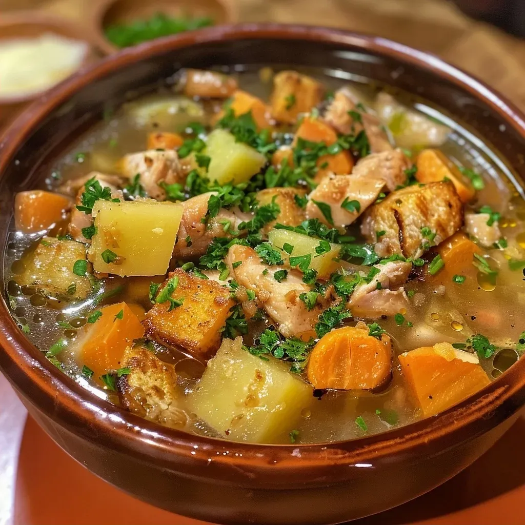 Vista lateral de un plato de sopa de nabo con ingredientes frescos.