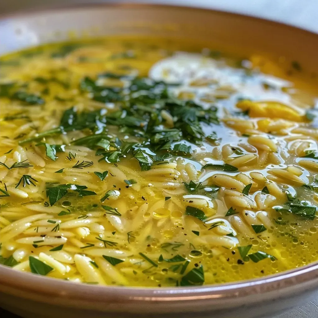 Primer plano de sopa de orégano con limón y orégano fresco.