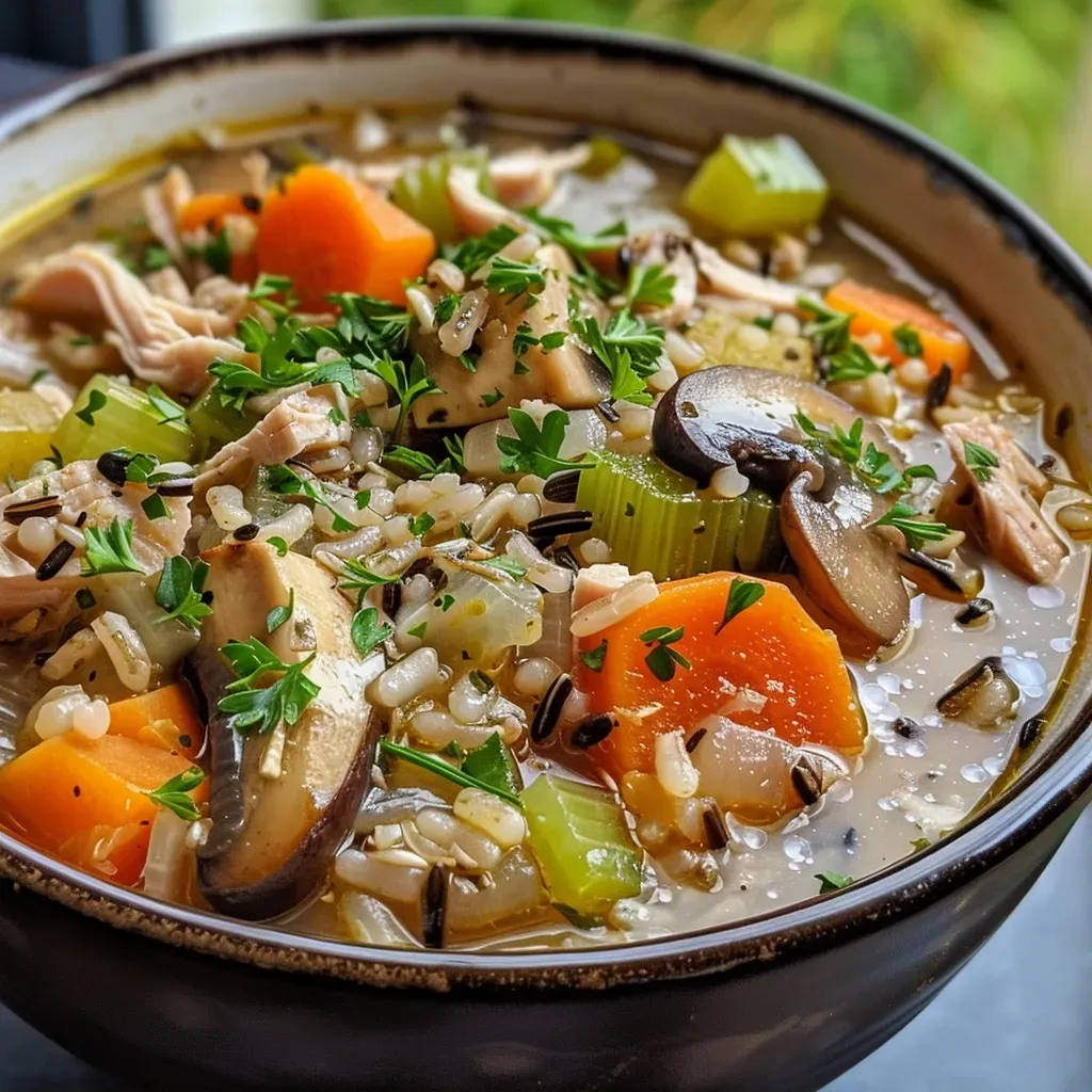 Sopa de pavo y arroz salvaje en un tazón.