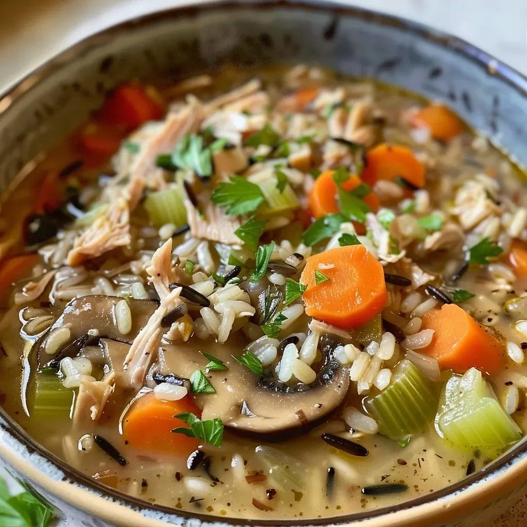 Primer plano de sopa caliente de pavo con arroz salvaje.