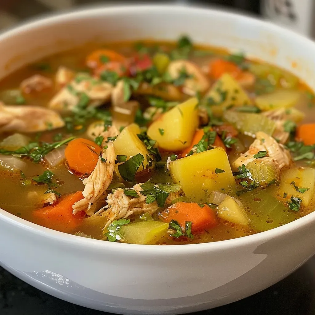 Sopa de pollo con verduras coloridas en un tazón.