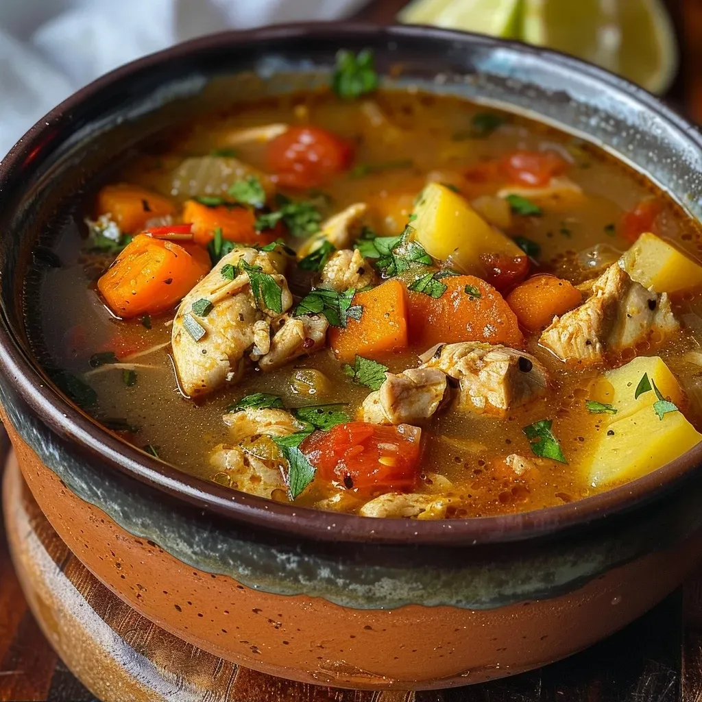Primer plano de Sopa de Pollo y Verduras humeante.